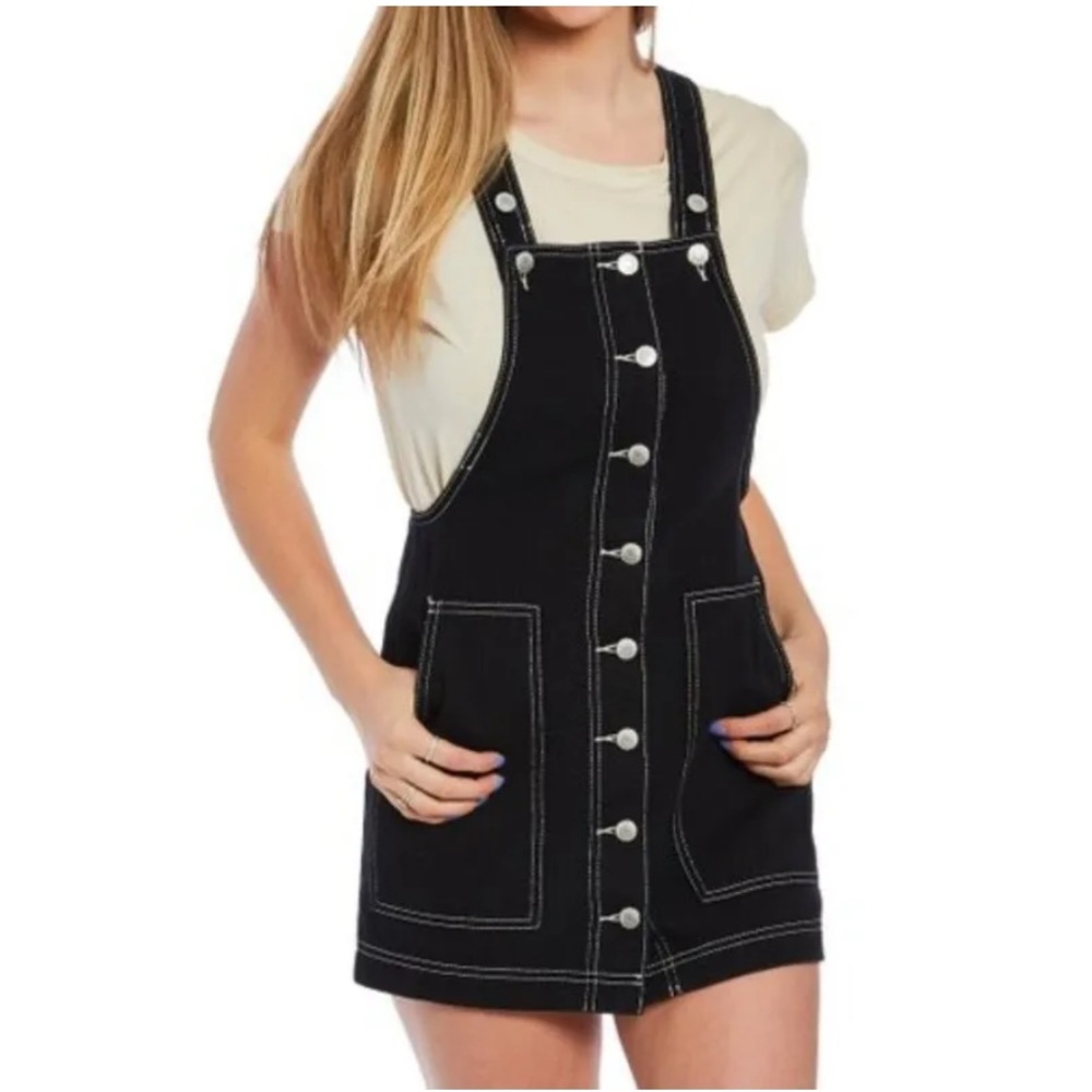 🌻4/$20 Blue Spice Black Denim Overall Style Button Up Dress Size Small